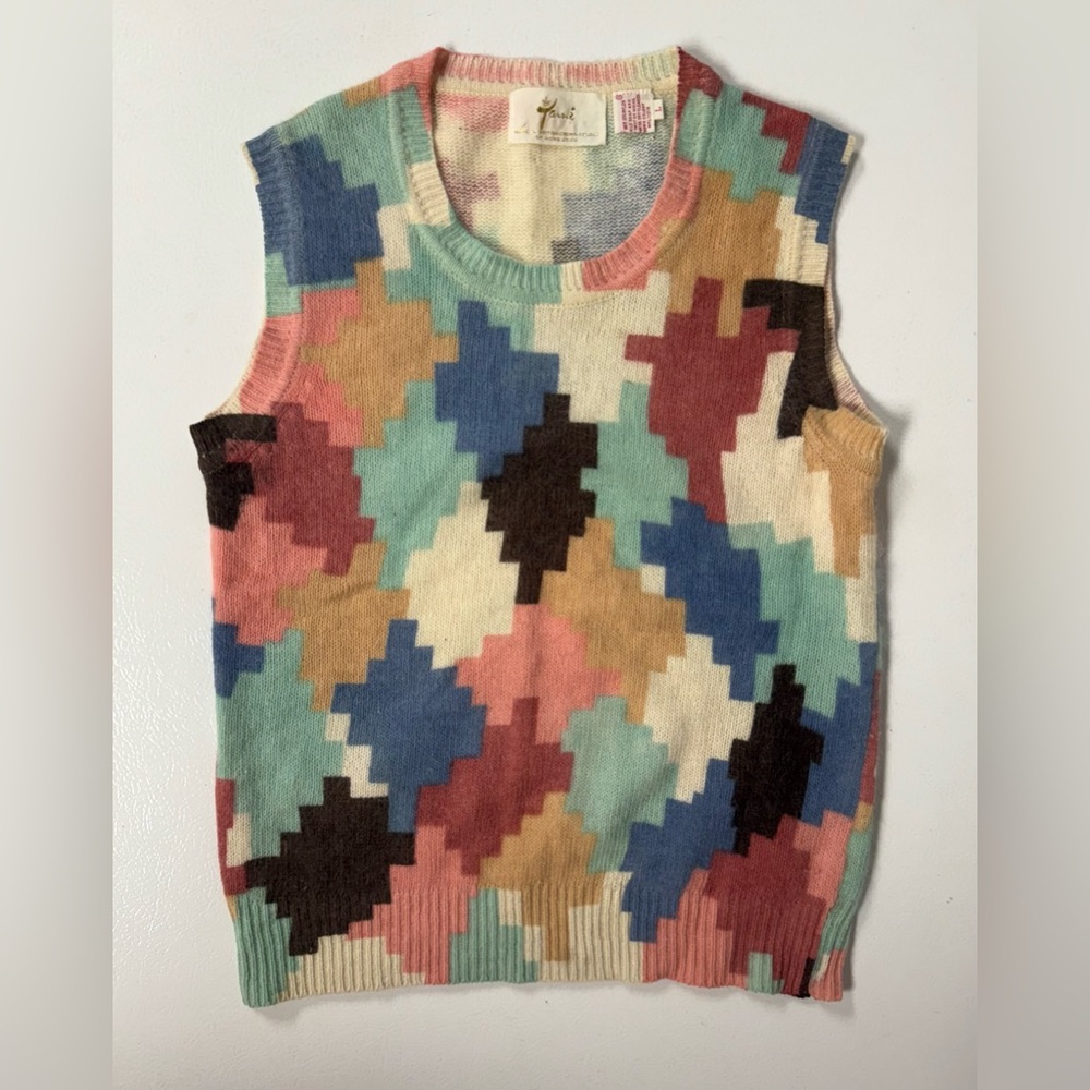 Vtg 70s Tami Sweater Vest Pastel Geometric Lambs Wool Angora Rabbit Hair Women L